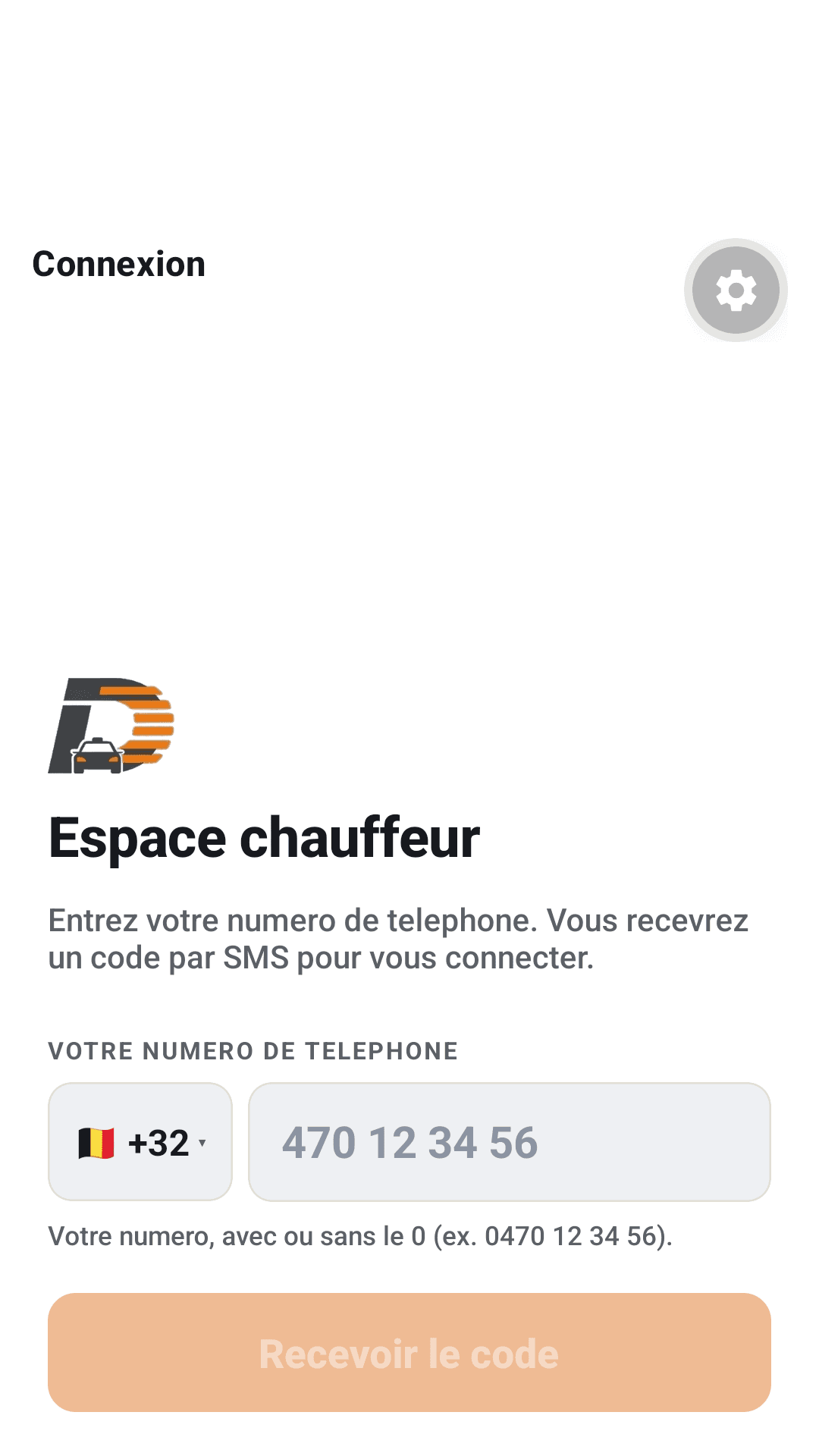 App chauffeur DashCab sur Android : écran de connexion par numéro de téléphone et code SMS