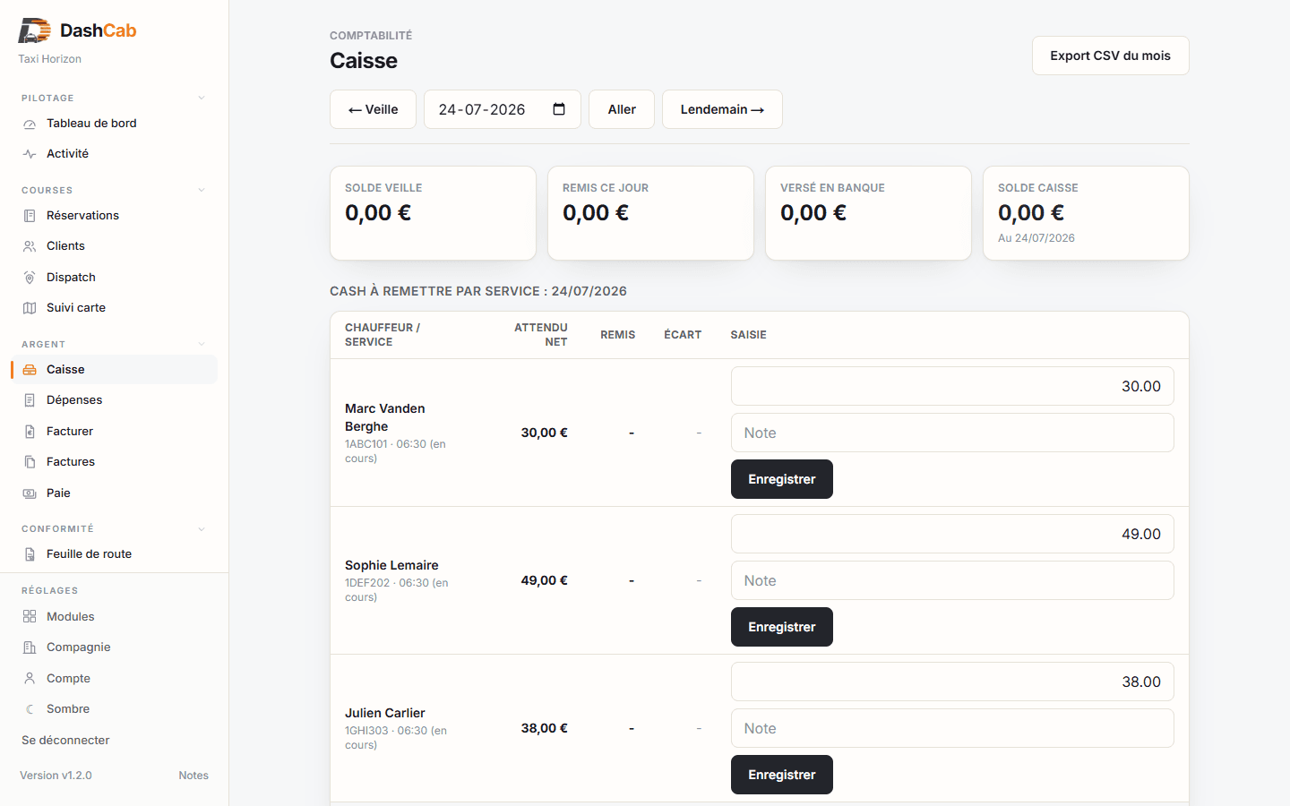 Écran caisse DashCab : cash à remettre par service, dépenses en liquide et versements en banque